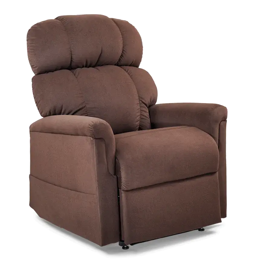 Lift chair recliner upholstered in brown fabric with tufted pillow-back cushioning, padded armrests, and small rubber feet