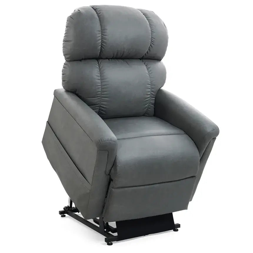 Power lift recliner chair in gray upholstery with tufted high back, padded armrests, and visible lift mechanism base