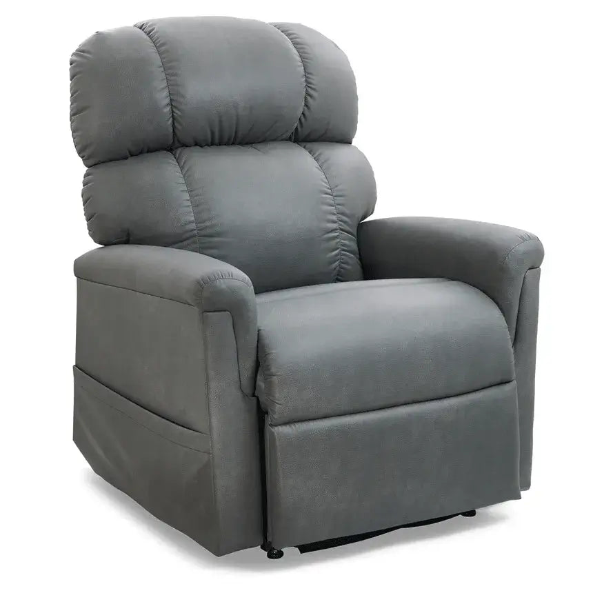 Lift chair recliner in gray fabric upholstery with pillow-back cushioning, padded armrests, and upright seating position