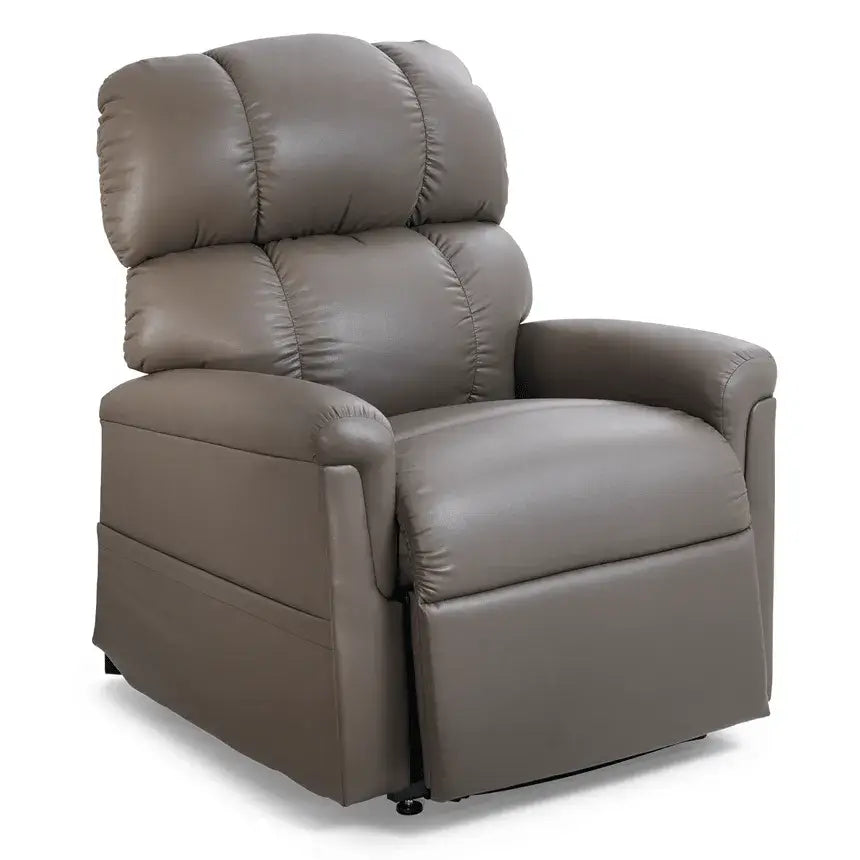 Power lift recliner chair in taupe faux leather with pillow-back cushioning, padded armrests, and upright seat position