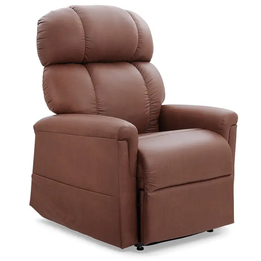 Power lift recliner chair in brown upholstery with tall tufted back, padded armrests, and upright seated position shown