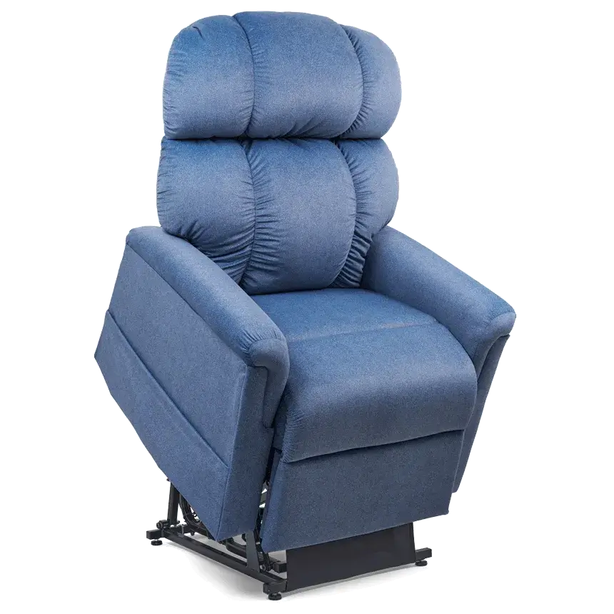 Lift chair recliner in blue fabric with triple-pillow back cushioning, padded armrests, and visible lift mechanism base
