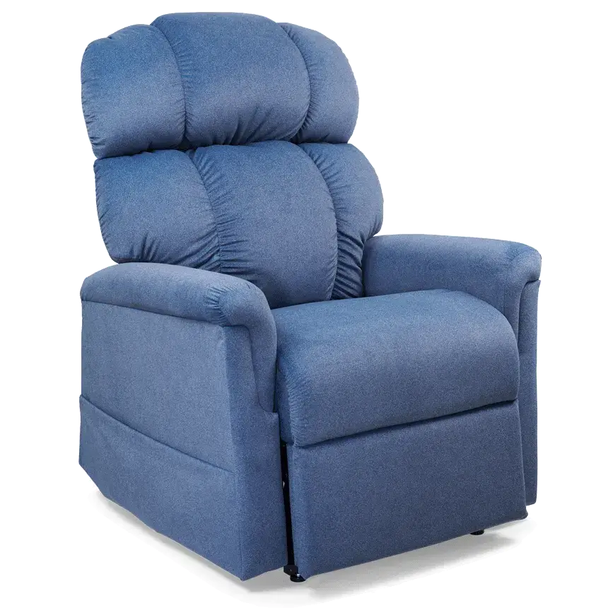 Lift chair recliner with blue fabric upholstery, pillow-top back cushioning, padded armrests, and footrest in upright