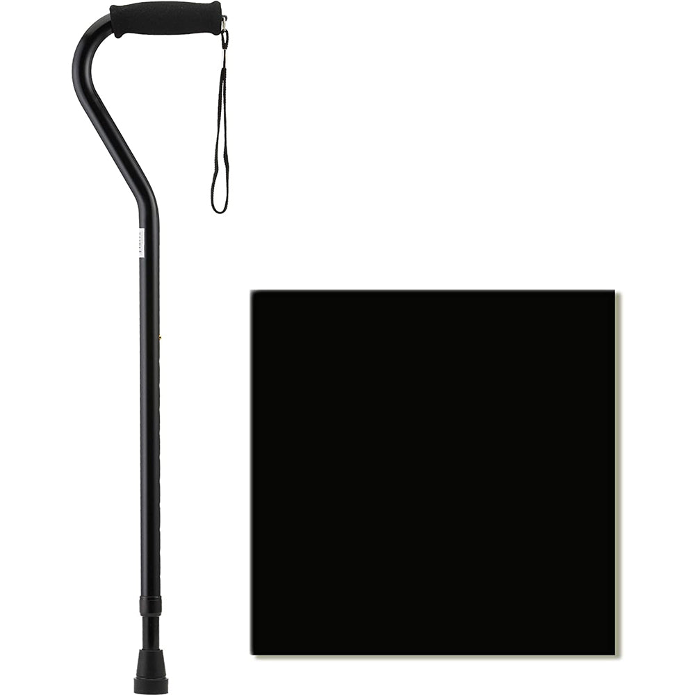 Offset walking cane in black with foam grip handle, wrist strap, adjustable shaft, and rubber tip, shown with black color