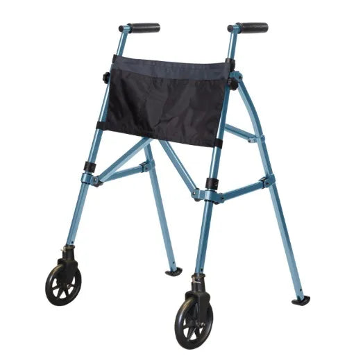 Two-wheeled folding walker in blue aluminum with black storage pouch, padded handles, and rear glide tips