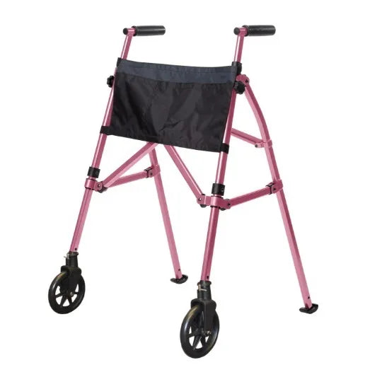 Folding two-wheel walker in pink with black padded handles and removable storage bag pouch