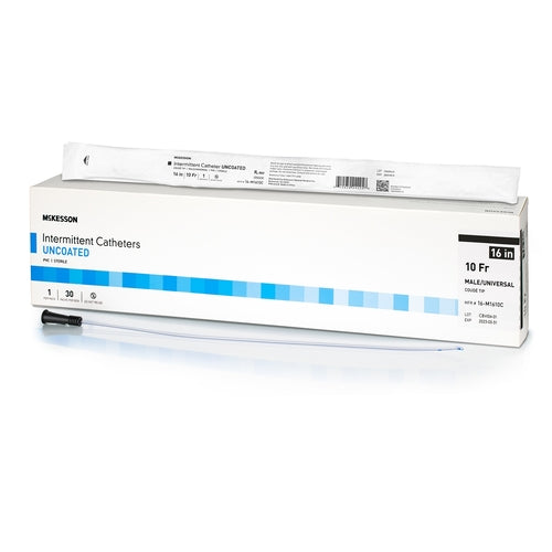 Intermittent catheter coude tip beside its white and blue McKesson packaging box labeled Uncoated, 16 in, 10 Fr