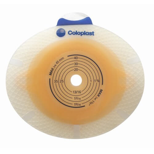 Coloplast SenSura ostomy skin barrier wafer with concentric sizing guide rings and blue coupling ring, shown individually on