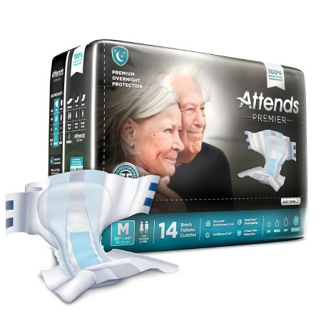 Attends Premier adult brief incontinence underwear, medium, 14-count black packaging with unfolded brief displayed in front