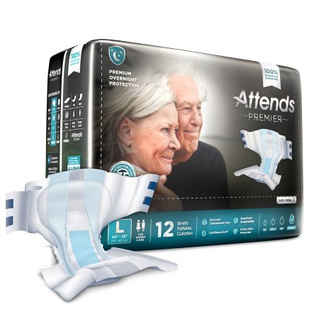 Attends Premier Brief package in large size showing 12-count overnight protection briefs with a single brief displayed in