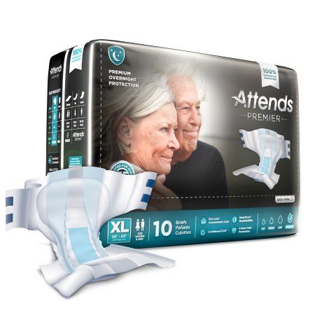 Attends Premier adult brief incontinence underwear XL package of 10 with sample brief displayed in front, dark packaging