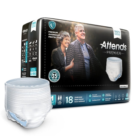 Attends Premier overnight incontinence underwear packaging showing 18-count box and single white pull-up garment beside it