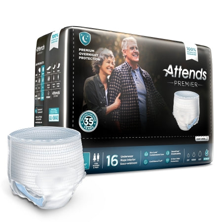 Attends Premier adult underwear package of 16 with single white pull-up brief displayed in front of dark packaging