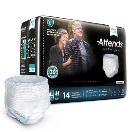 Attends Premier pull-up style adult underwear in large size, package of 14 shown with single white brief in front