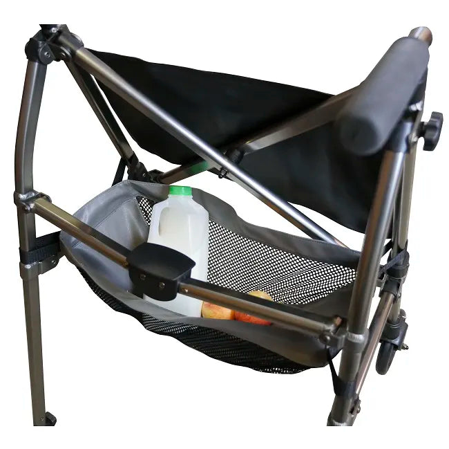 Folding walker storage basket accessory in gray mesh holding a milk jug, shown attached beneath a walker seat