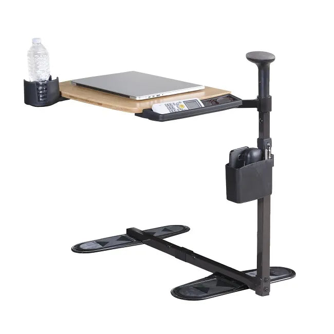 Swivel tray table with bamboo surface, cup holder, side pocket, and adjustable black steel frame on floor base, shown with