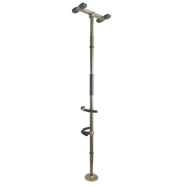 Floor-to-ceiling security pole with dual grab handles at top, mid-level hook, and round base in bronze finish