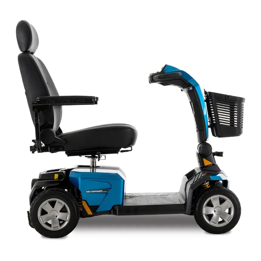 Power mobility scooter in blue and black with high-back seat, armrests, front basket, and four wheels, shown from the side