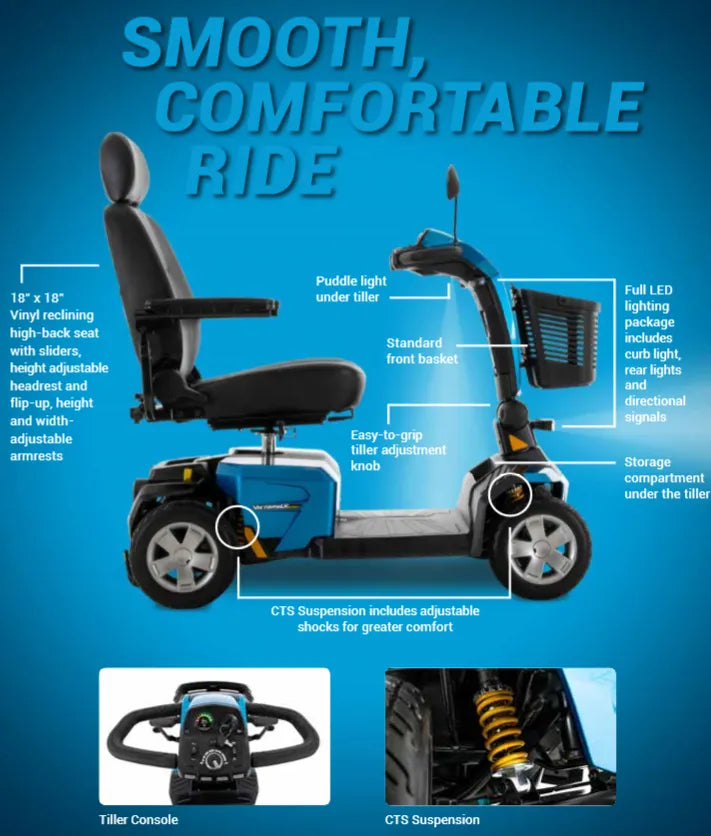 Power mobility scooter Victory LX Sport in blue with labeled features including tiller console, front basket, LED lights