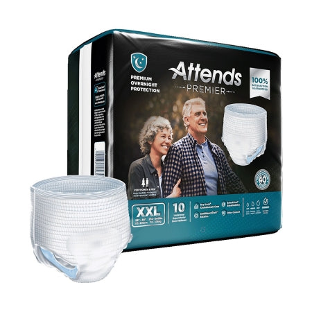 Attends Premier overnight protective underwear XXL 10-count package with single pull-up underwear displayed in front