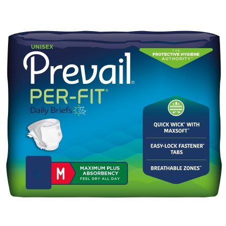 Prevail Per-Fit Daily Briefs package, medium size, maximum plus absorbency, unisex adult incontinence briefs