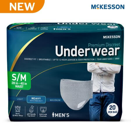 McKesson Premium Discreet men's absorbent underwear packaging, size S/M, heavy absorbency, 20 count, gray pull-up style shown
