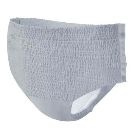Disposable absorbent underwear in gray with textured fabric exterior and white absorbent panel, shown from a side angle