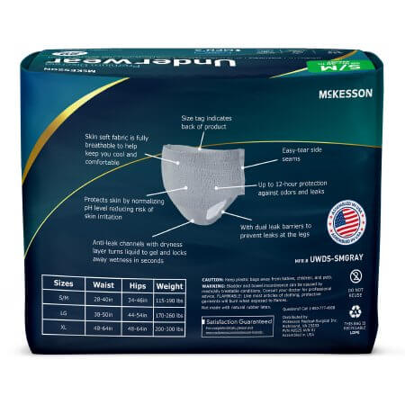 McKesson absorbent underwear packaging back showing size chart, feature callouts, and gray pull-up brief, size S/M