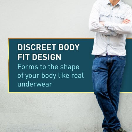 Absorbent underwear promotional graphic showing a man in jeans and button-up shirt with arms crossed, with text highlighting