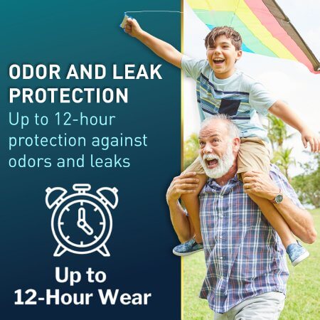 McKesson Absorbent Underwear promotional graphic showing grandfather carrying smiling grandson on shoulders while flying a