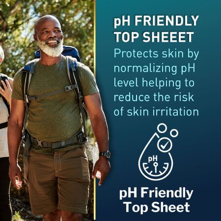 Absorbent underwear product graphic showing smiling man hiking outdoors with backpack, highlighting pH friendly top sheet
