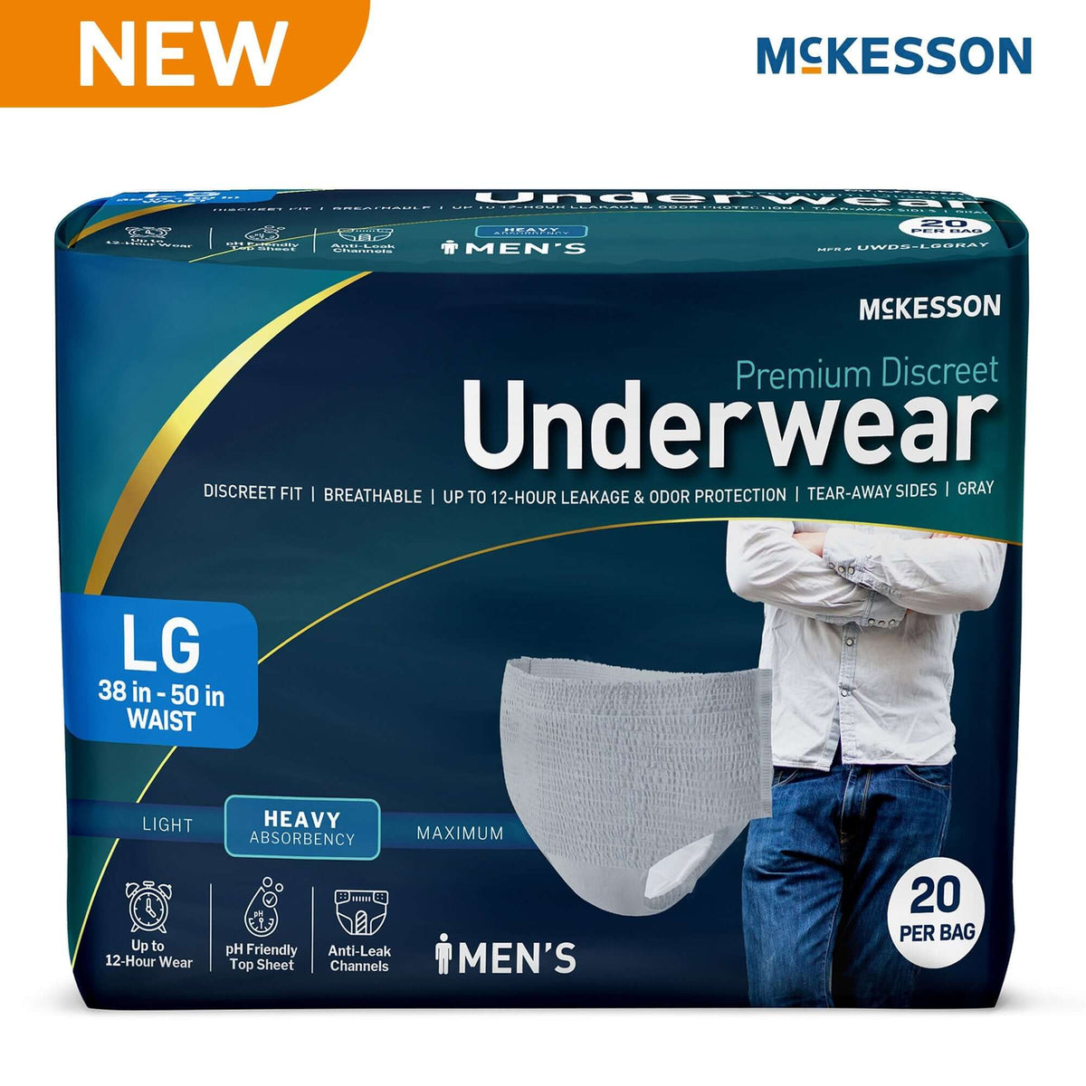 McKesson Premium Discreet men's absorbent underwear, large size, 20-count teal packaging with gray pull-up shown
