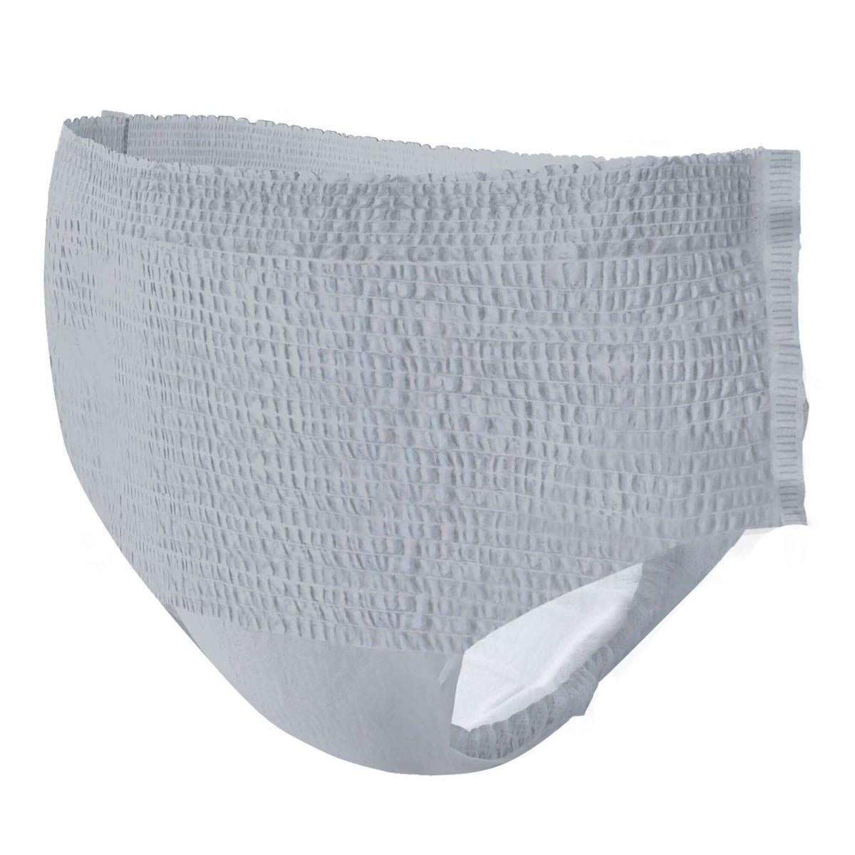 Disposable absorbent underwear in gray with textured stretch fabric, elastic waistband, and white absorbent core, shown from