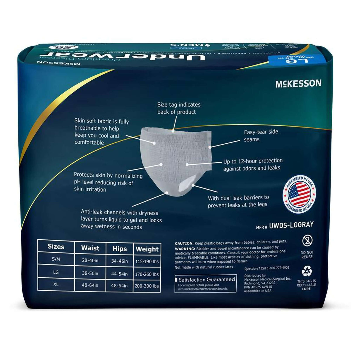 McKesson men's absorbent underwear package back showing product features, sizing chart, and a gray pull-up undergarment