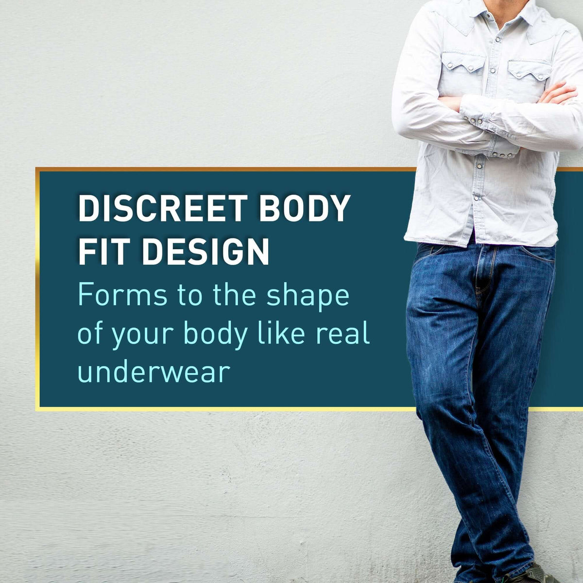 Adult incontinence underwear shown on man in jeans and button-up shirt with text highlighting discreet body fit design