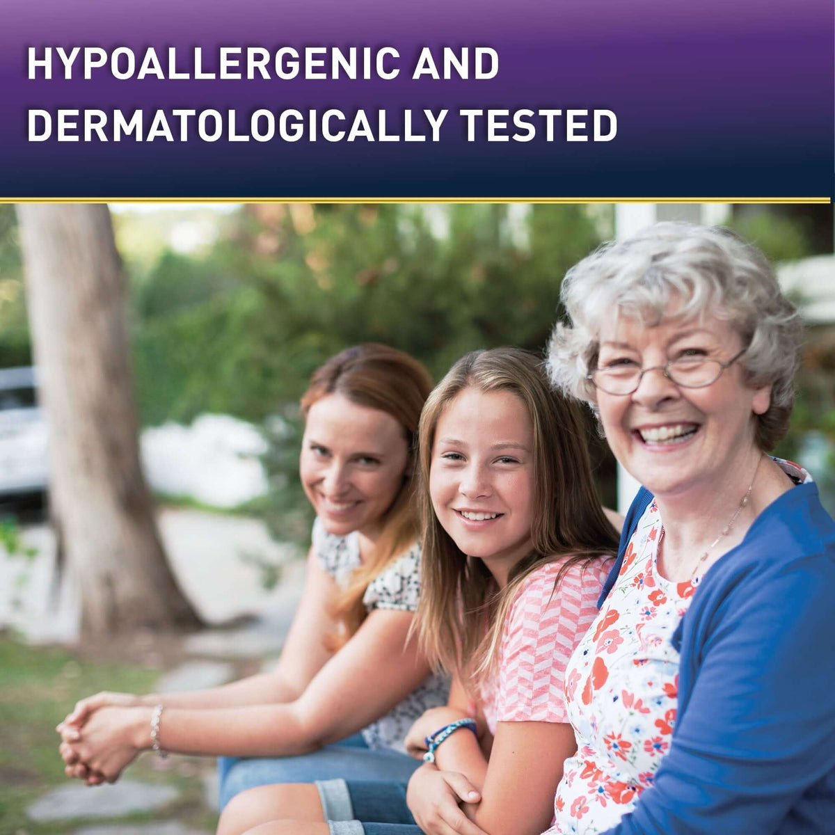 Adult absorbent underwear lifestyle graphic showing three smiling women of different ages seated outdoors with