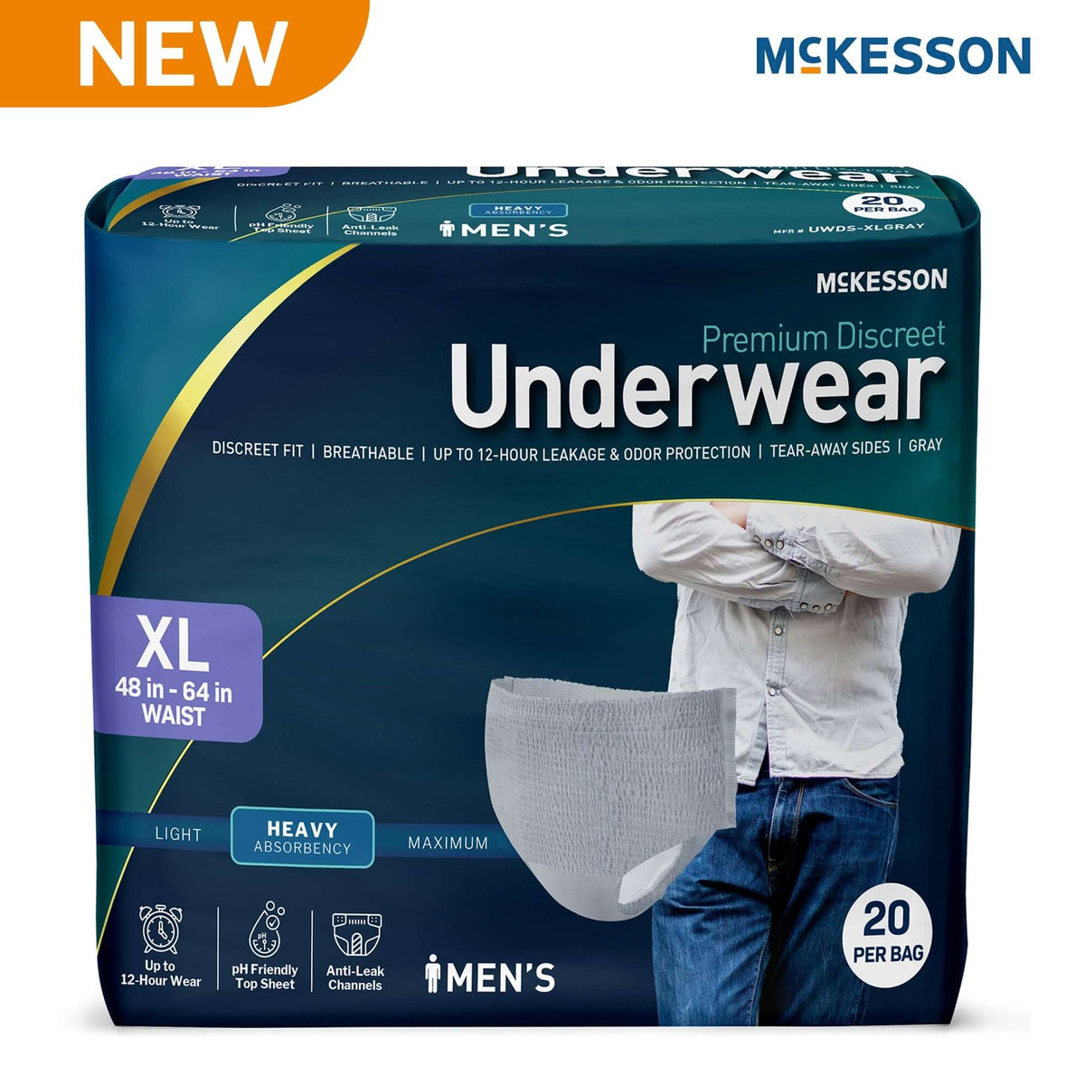 McKesson Premium Discreet men's absorbent underwear, XL, heavy absorbency, gray, 20-count bag with teal packaging