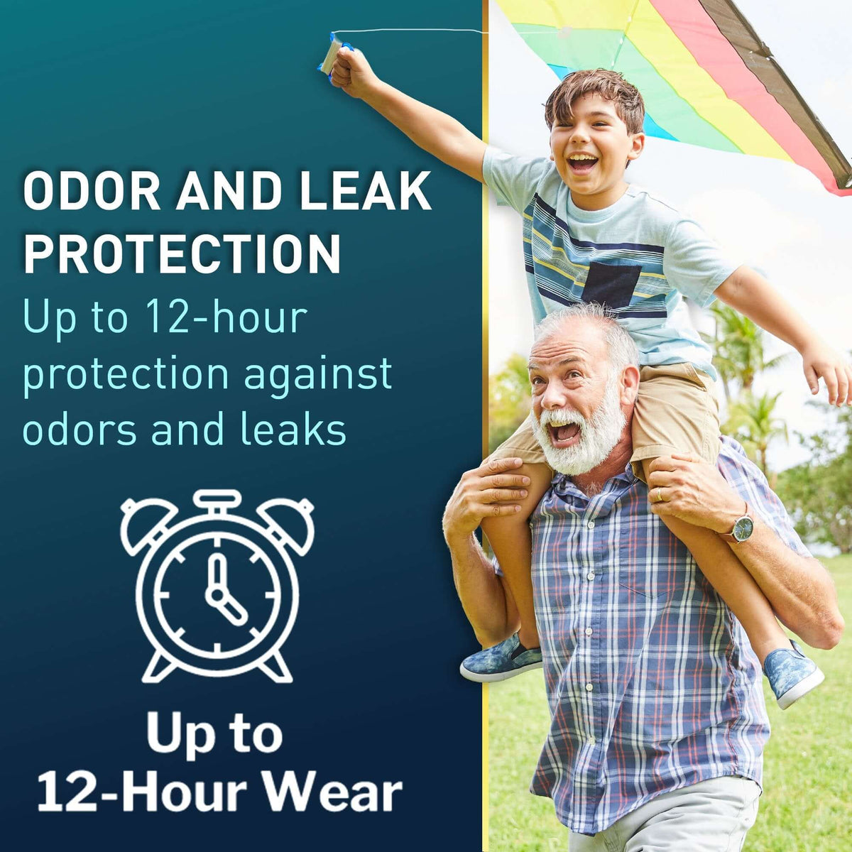 Adult absorbent underwear promotional graphic showing grandfather carrying smiling boy on shoulders flying a kite, with odor