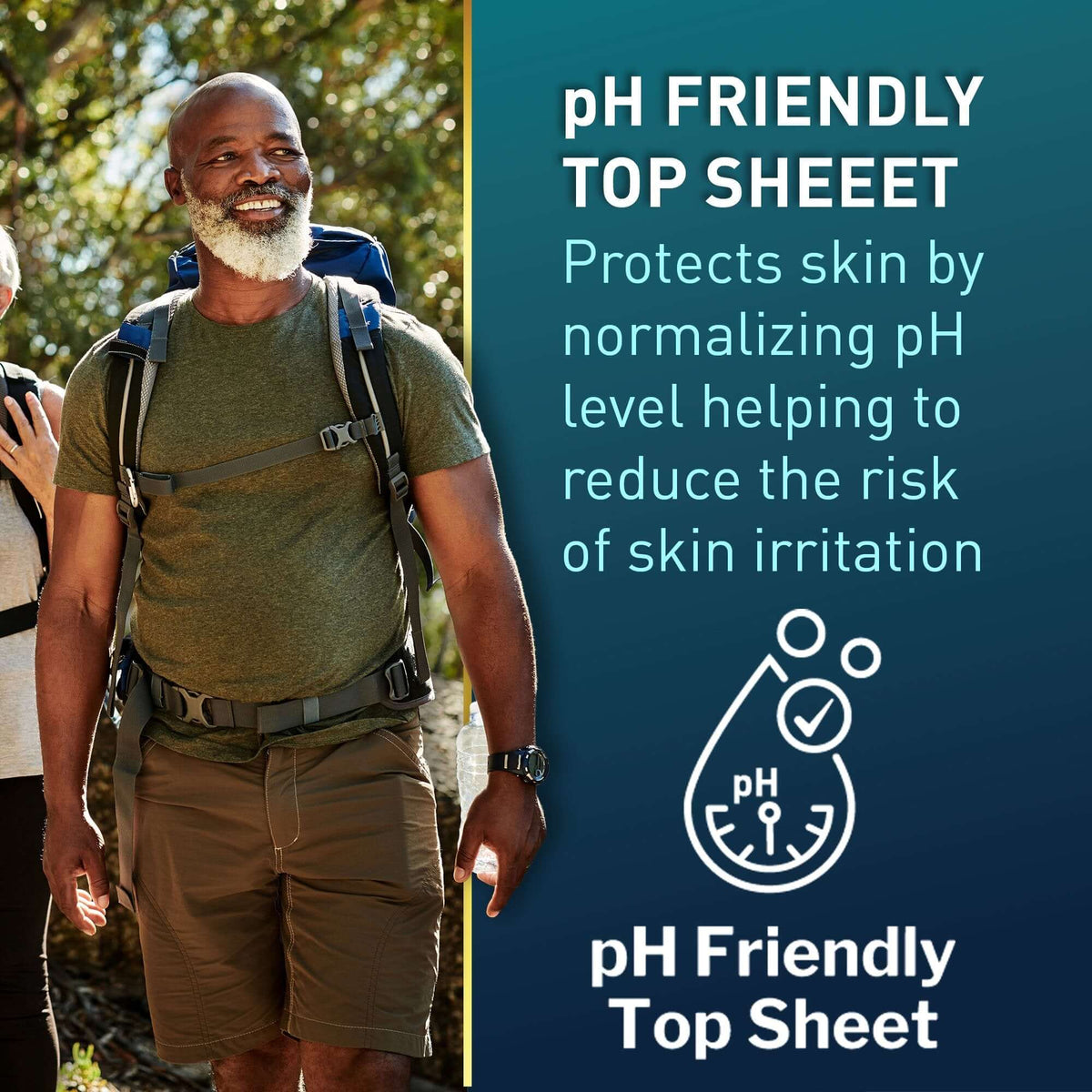 Absorbent underwear product feature graphic highlighting pH friendly top sheet with smiling man wearing a backpack outdoors