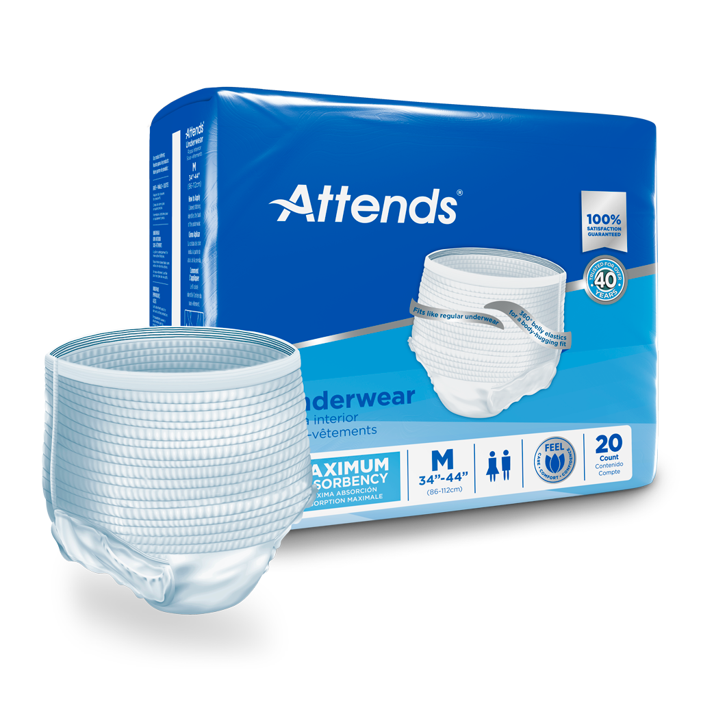 Attends incontinence underwear in medium size, shown beside blue retail packaging indicating maximum absorbency, 20-count bag