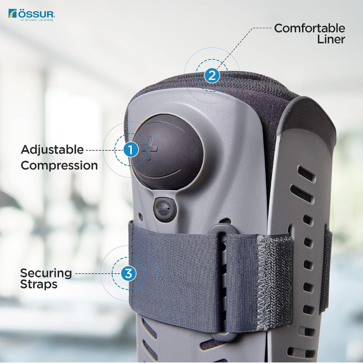 Rebound Air Walker boot by Össur with callouts showing adjustable compression dial, comfortable liner, and securing straps