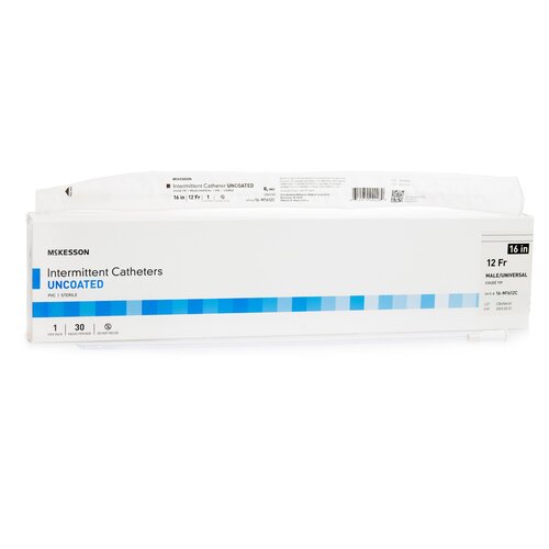 Intermittent catheter box labeled uncoated, 16 inch, 12 Fr, coude tip, male/universal, showing front and side of white
