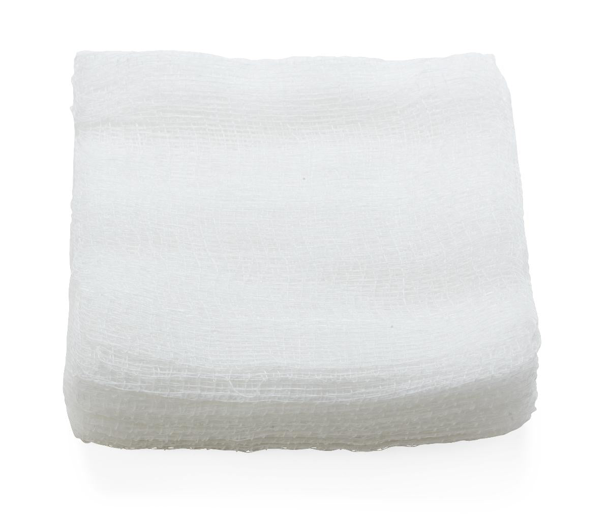 Gauze sponge stack of white woven cotton sterile pads with visible mesh weave pattern on white background