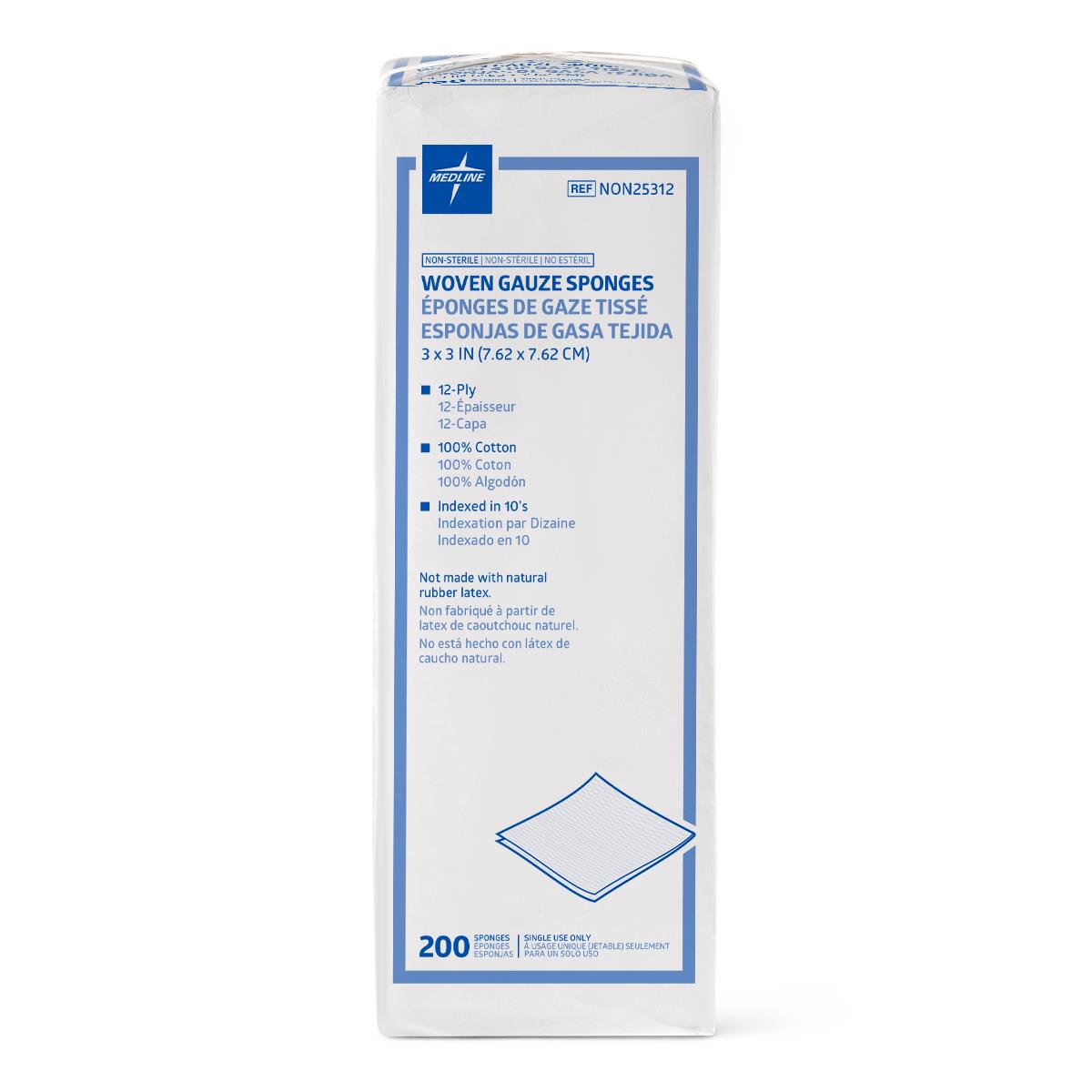 Woven gauze sponges package of 200 non-sterile 3x3 inch 12-ply cotton sponges with blue and white label