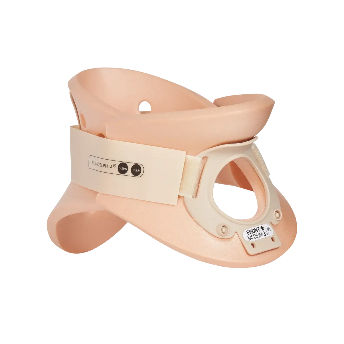 Cervical collar with tracheotomy opening, two-piece foam construction in beige, medium size, shown on white background