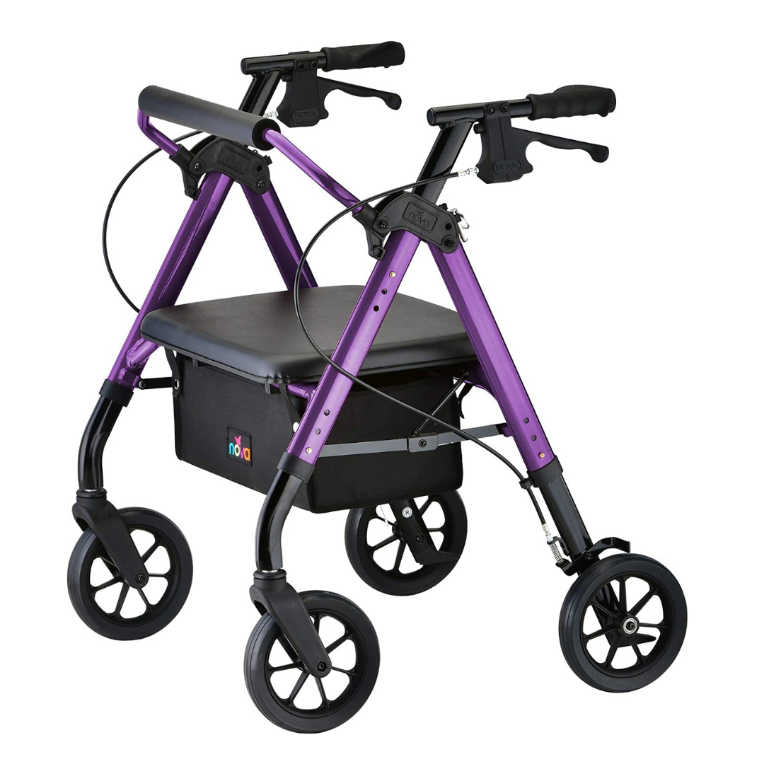 Rollator walker with purple frame, padded seat, under-seat storage bag, hand brakes, and large black wheels on white
