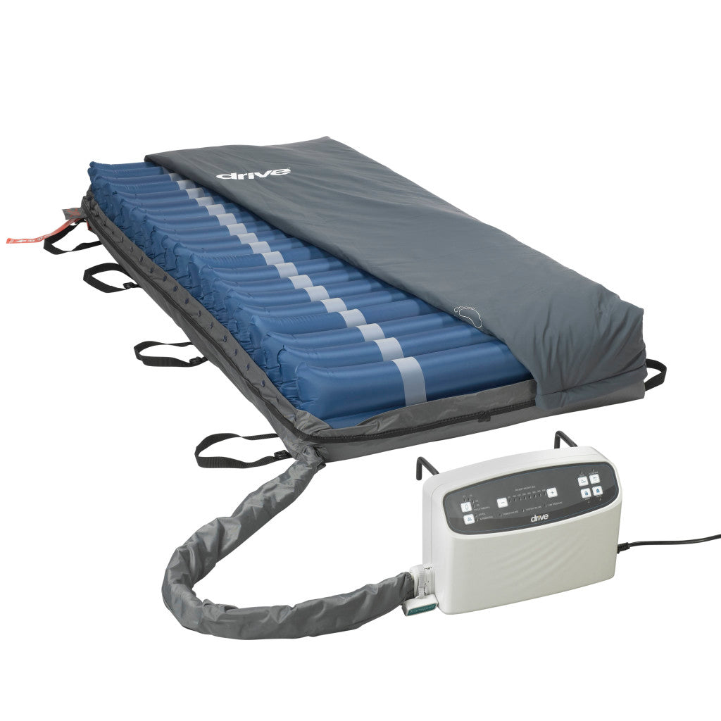 Alternating pressure mattress system with blue air cells, gray cover, carry handles, and connected electronic pump control