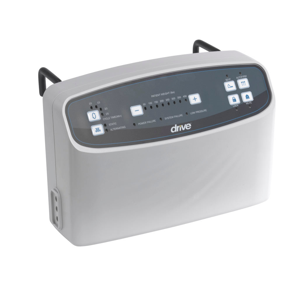Alternating pressure mattress pump control unit by Drive, white with dark panel showing cycle time, weight, and mode settings