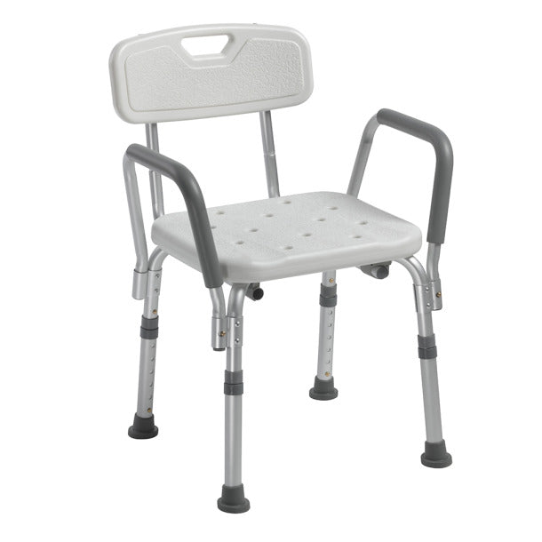 Bath bench with padded gray armrests, white plastic seat with drainage holes, backrest, and adjustable aluminum legs with
