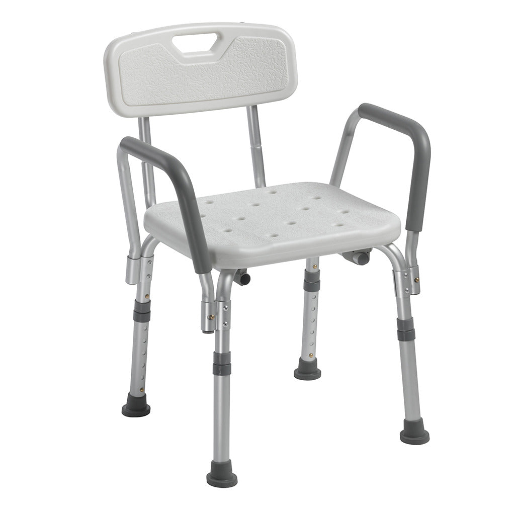 Bath bench with padded arms, white plastic drainage seat and back, adjustable aluminum legs with rubber tips, on white